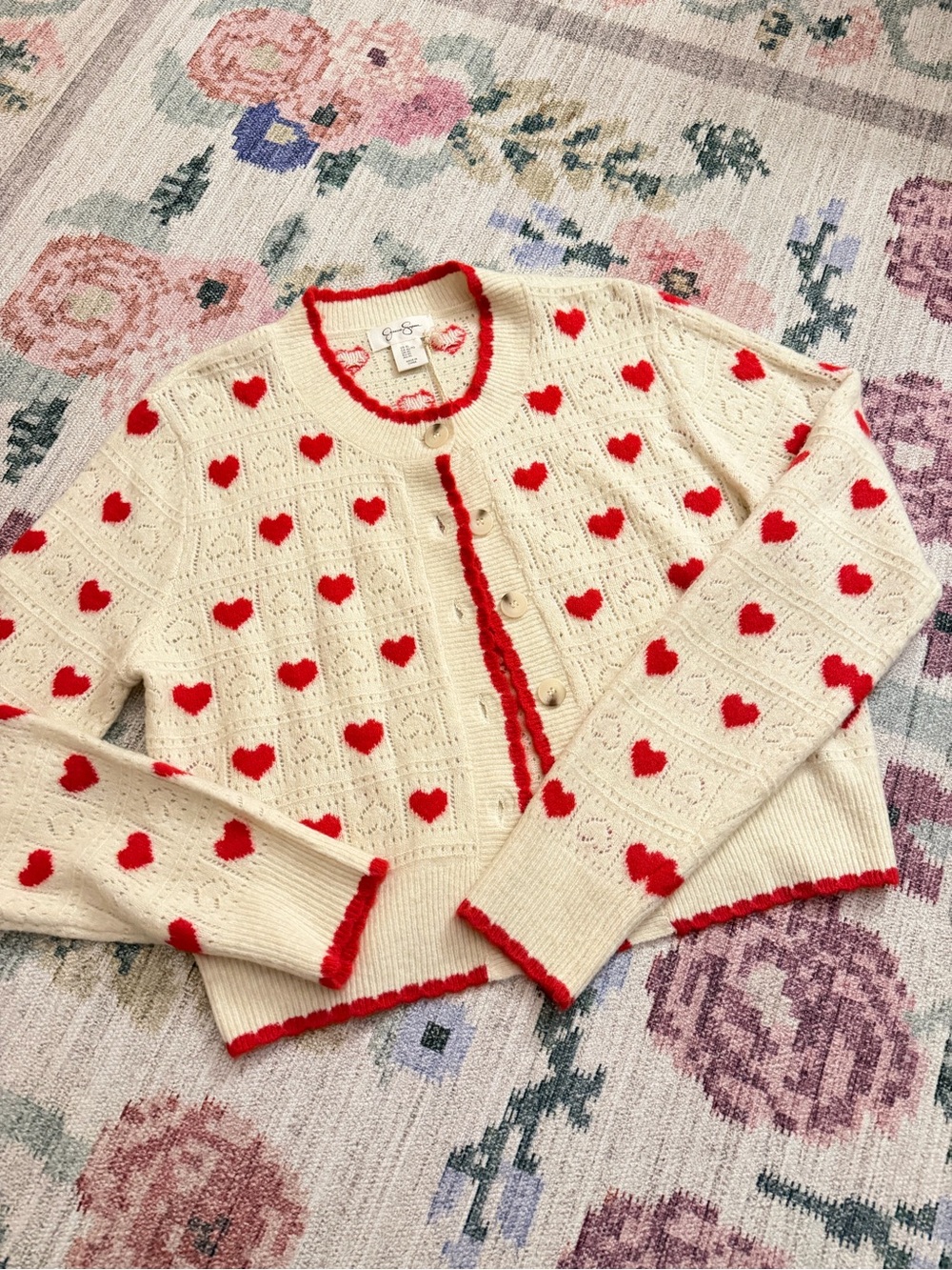 Jessica Simpson Cream Cardigan with Red Heart Motif